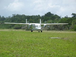 Het vliegtuig landt op het grasveldje