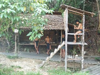 Blaaspijp maken bij de Penang bosmensen in het culturele dorp
